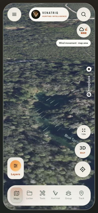 VENATRIQ app screenshot showing the animated current-wind overlay