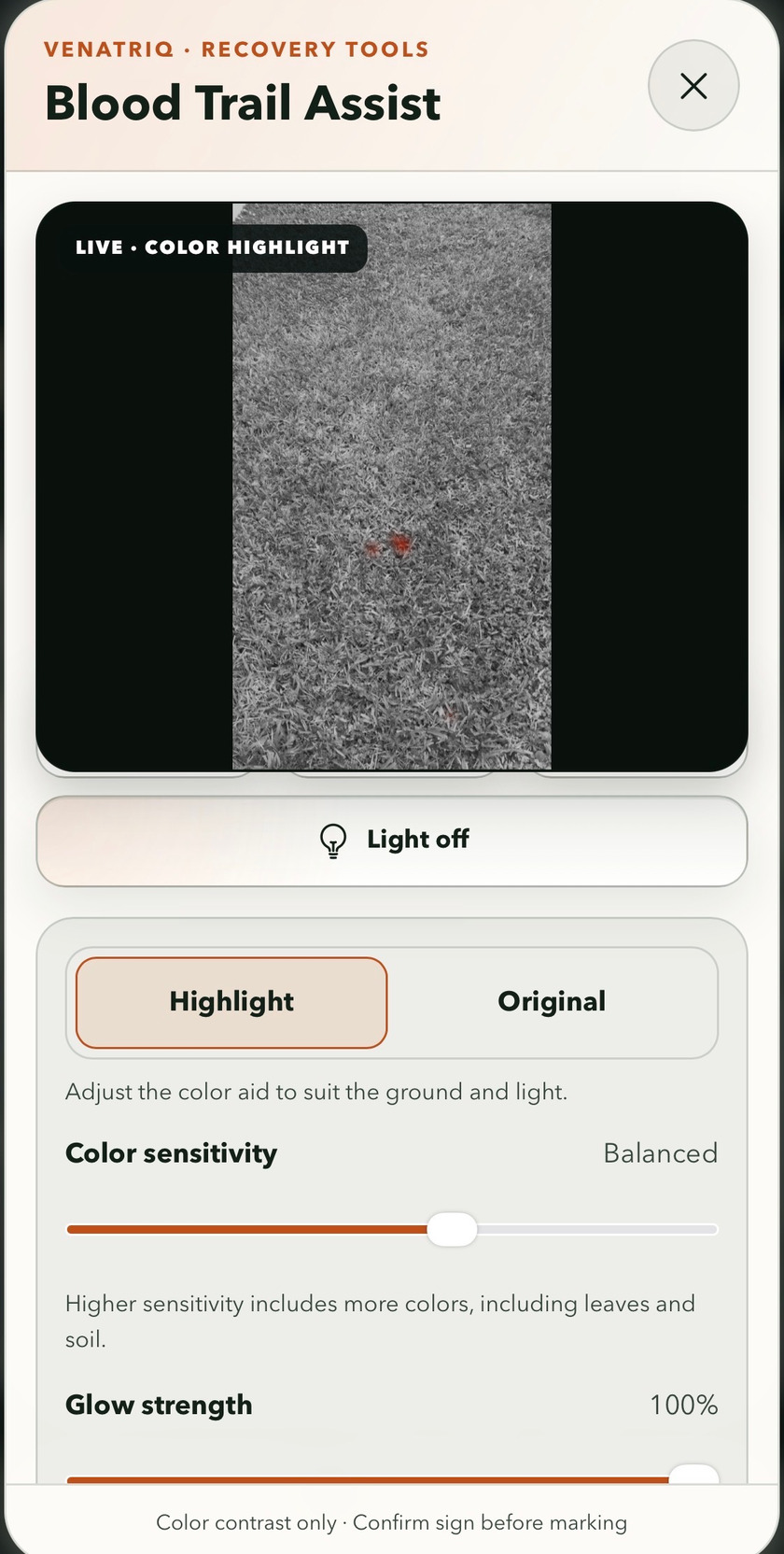 VENATRIQ app screenshot showing Blood Trail Assist visible-color highlighting