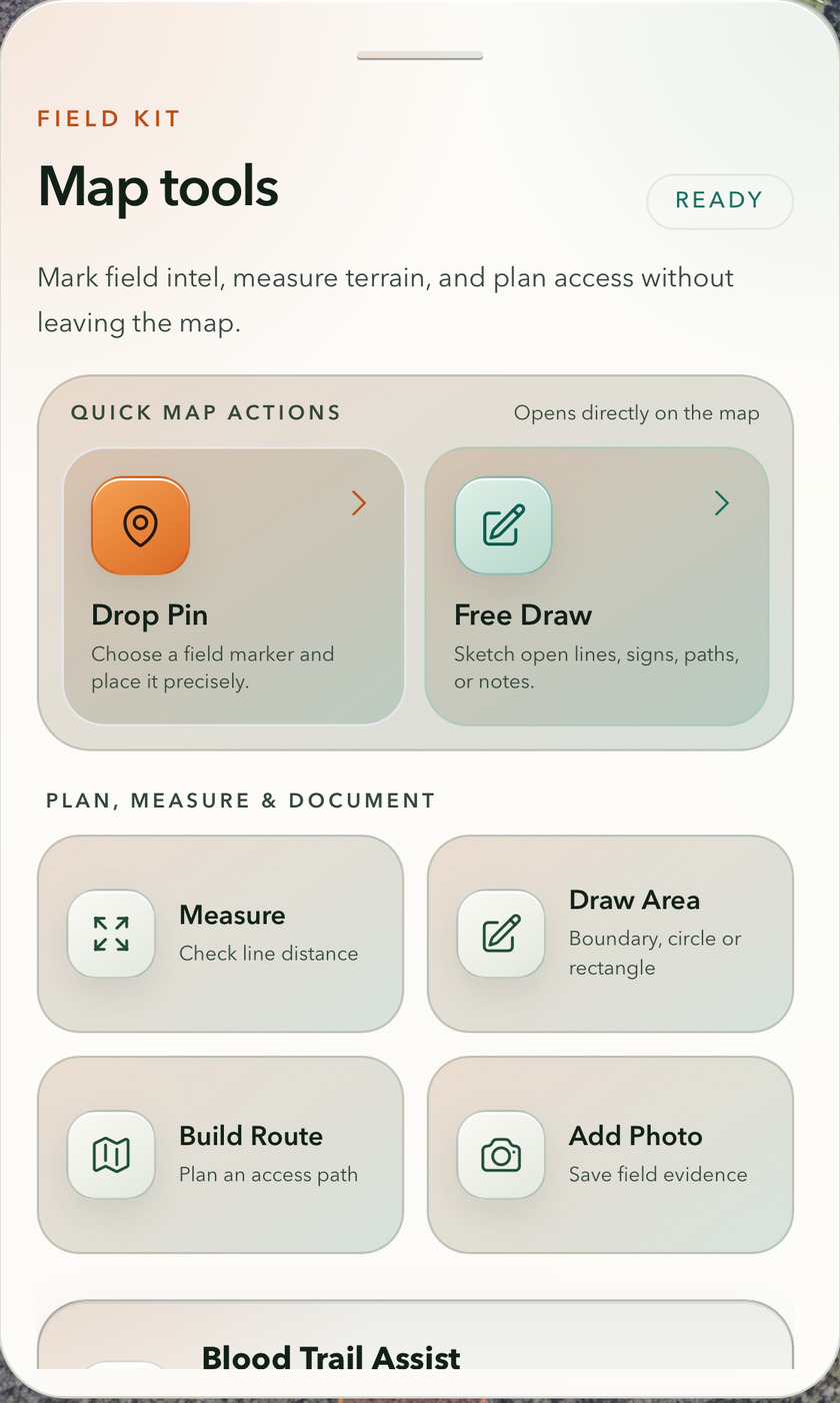 VENATRIQ app screenshot showing the field tools panel