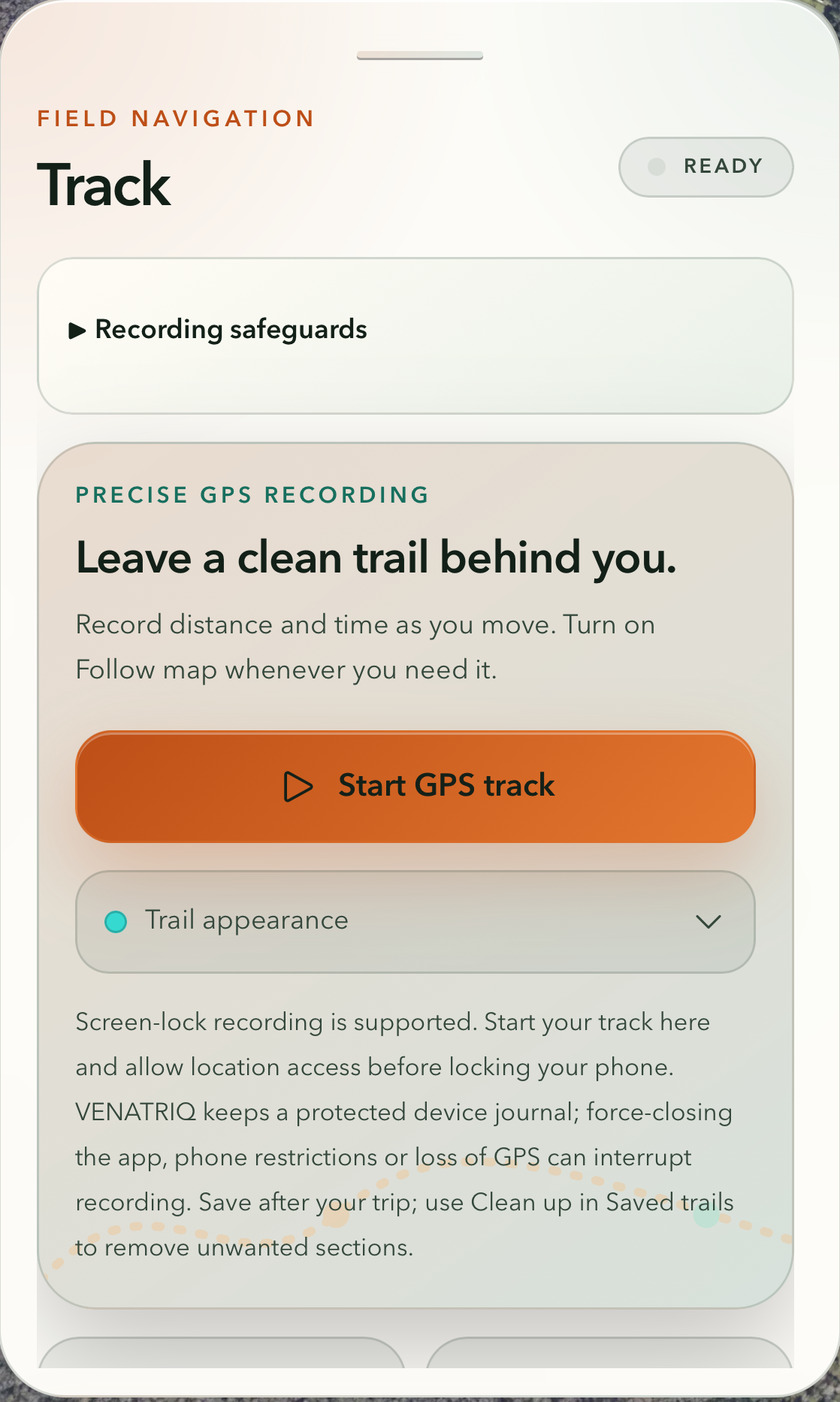 VENATRIQ app screenshot showing GPS track recording controls