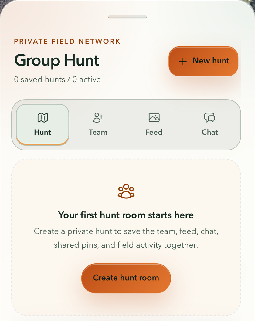 VENATRIQ app screenshot showing private Group Hunt creation