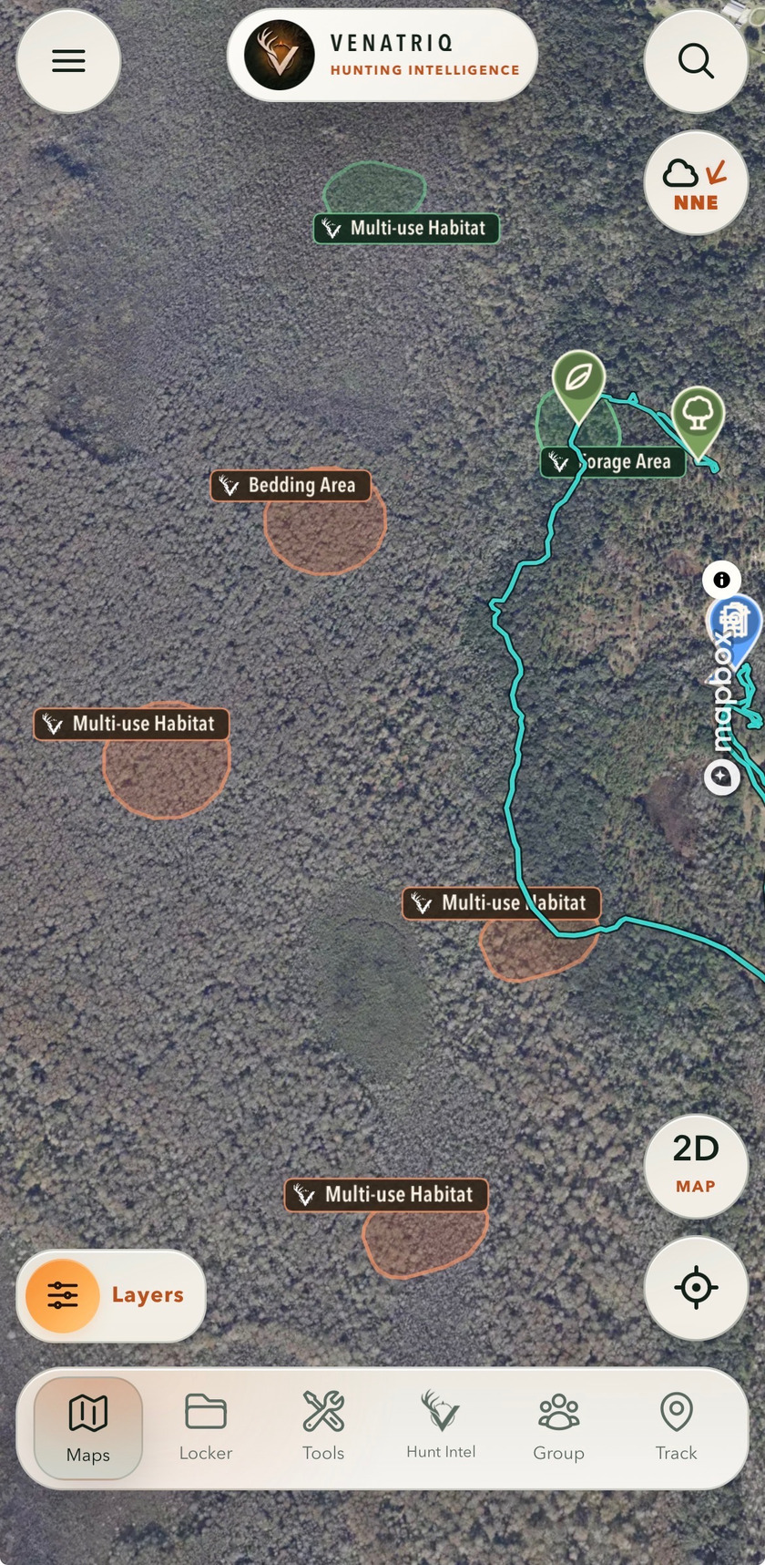 VENATRIQ app screenshot showing predicted habitat areas for scouting