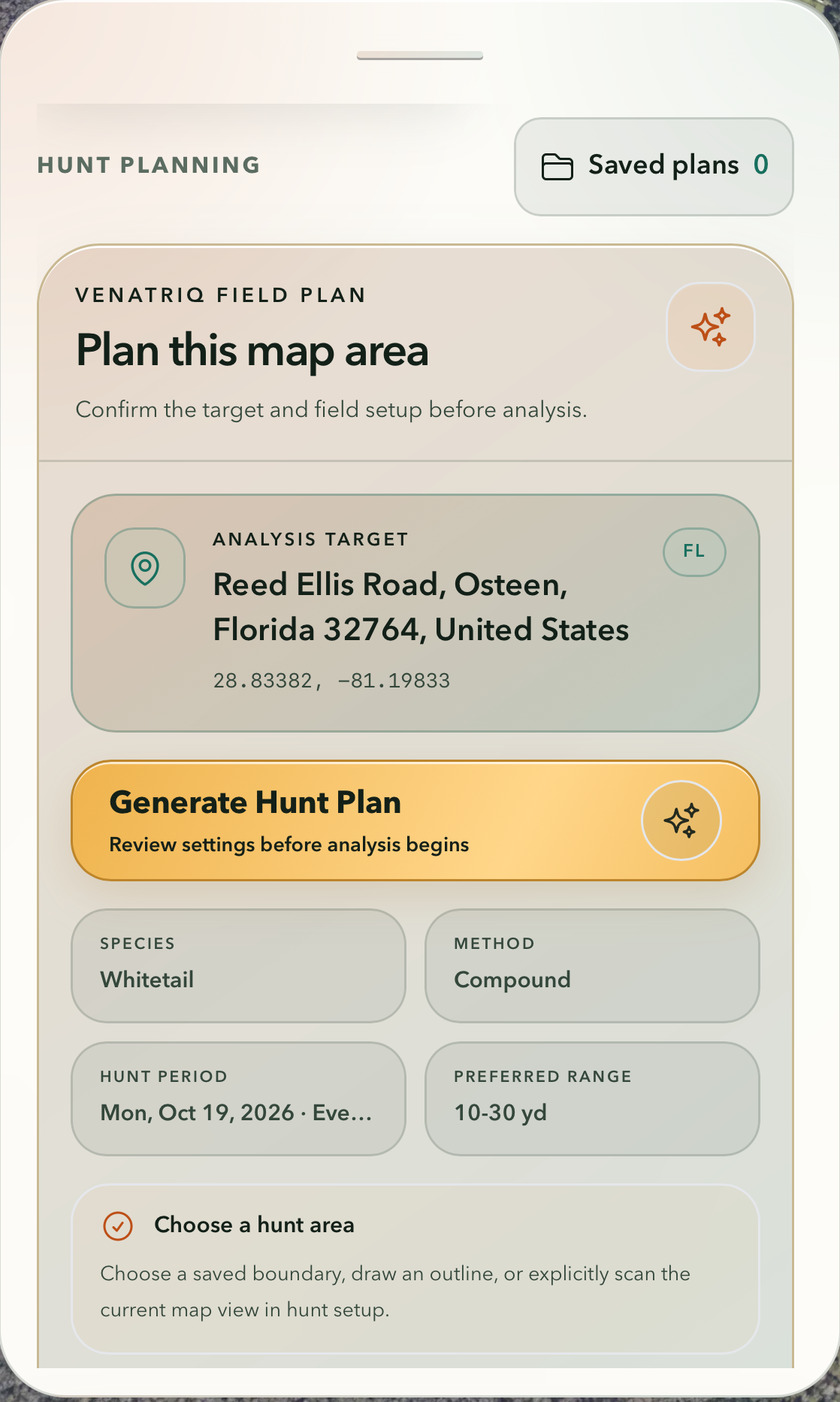 VENATRIQ app screenshot showing species-aware hunt plan setup