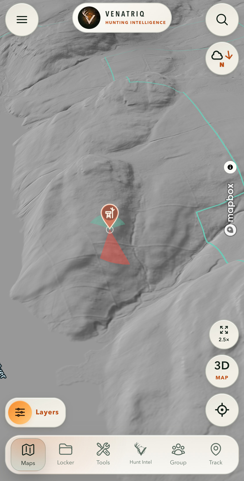 VENATRIQ app screenshot showing a LiDAR terrain layer