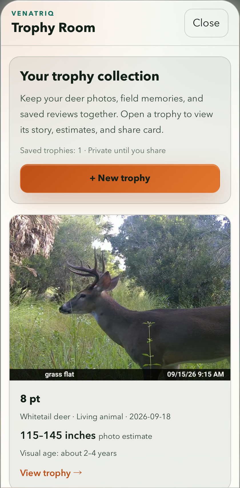 VENATRIQ app screenshot showing a private Trophy Room record