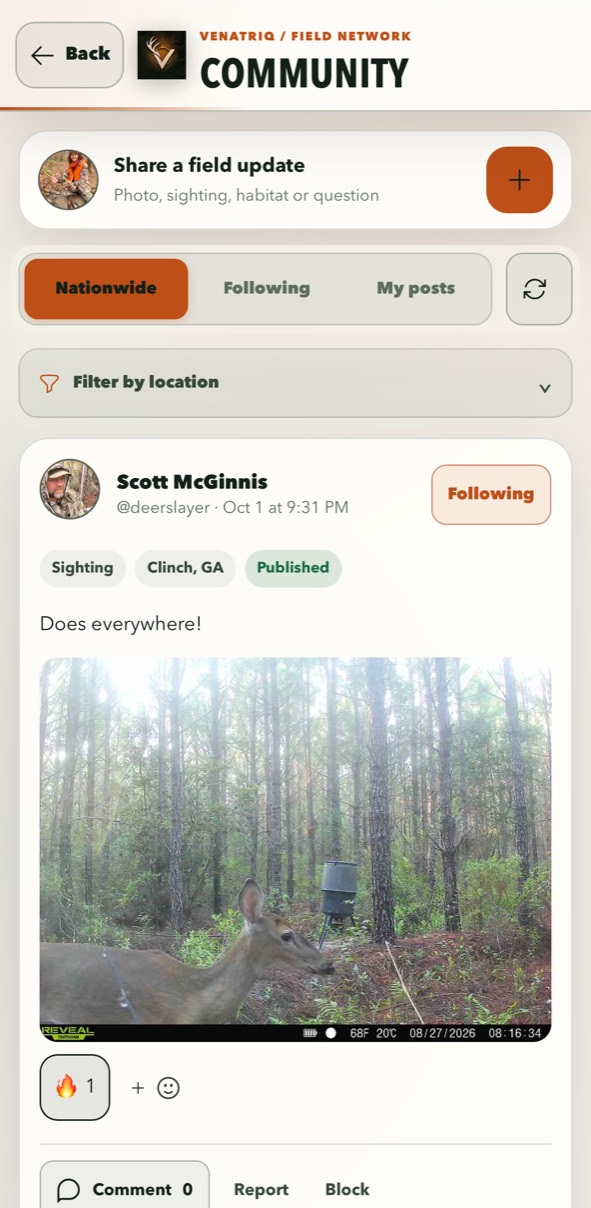 VENATRIQ app screenshot showing the hunting community