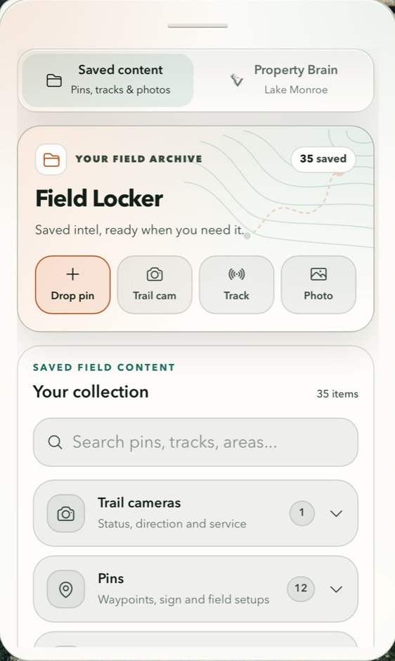 VENATRIQ Field Locker with saved content search, trail cameras, and hunting pins