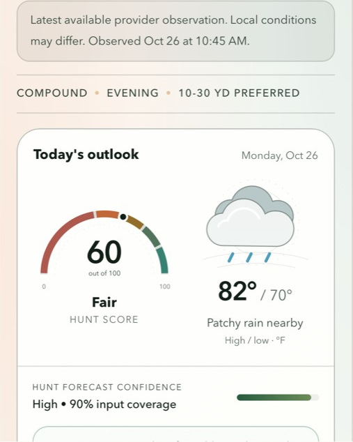 VENATRIQ app screenshot showing hunting forecast conditions