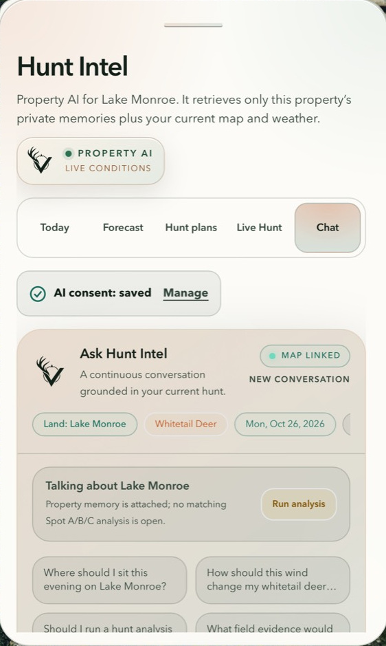 VENATRIQ Hunt Intel chat with selected property context and suggested hunting questions