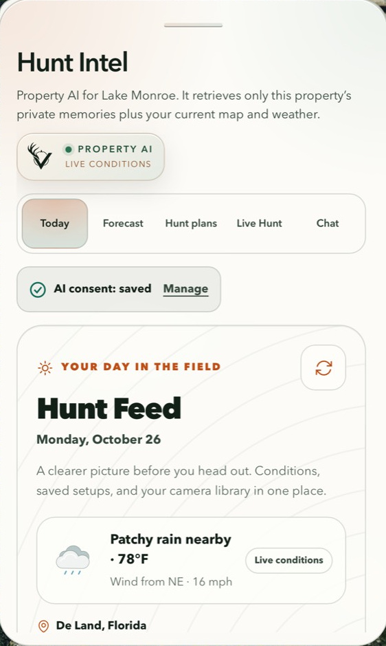 VENATRIQ Hunt Feed showing the daily overview and latest available weather conditions