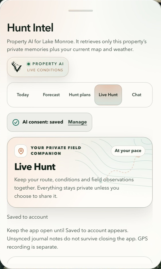 VENATRIQ Live Hunt private field companion and saved-to-account status
