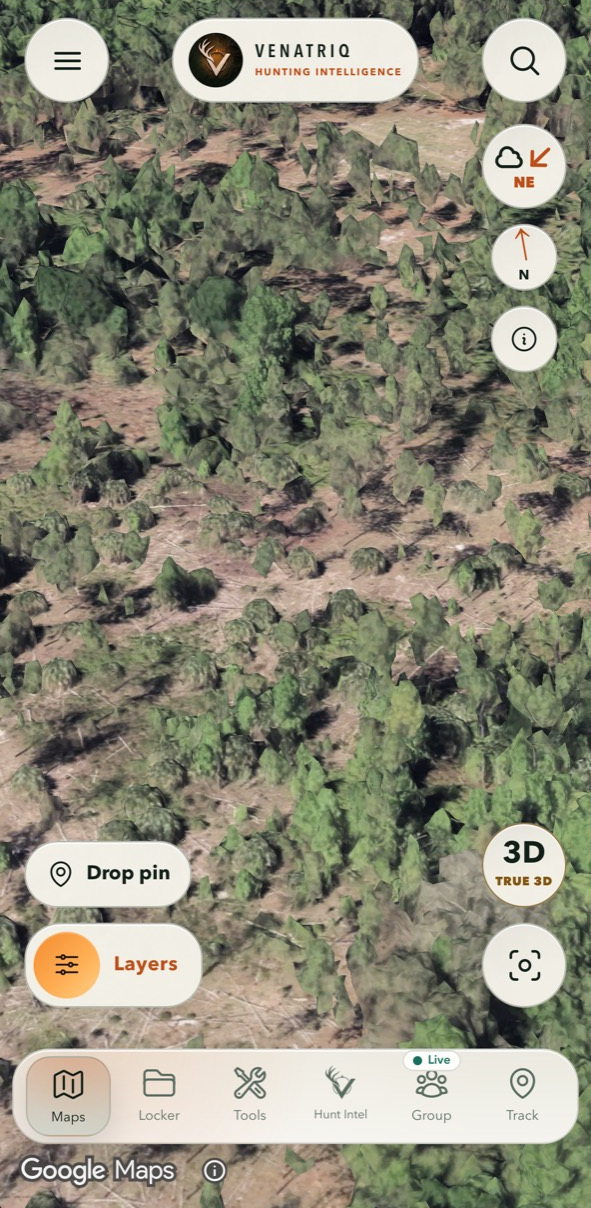 Actual VENATRIQ hunting app with trees and terrain in True 3D Explorer