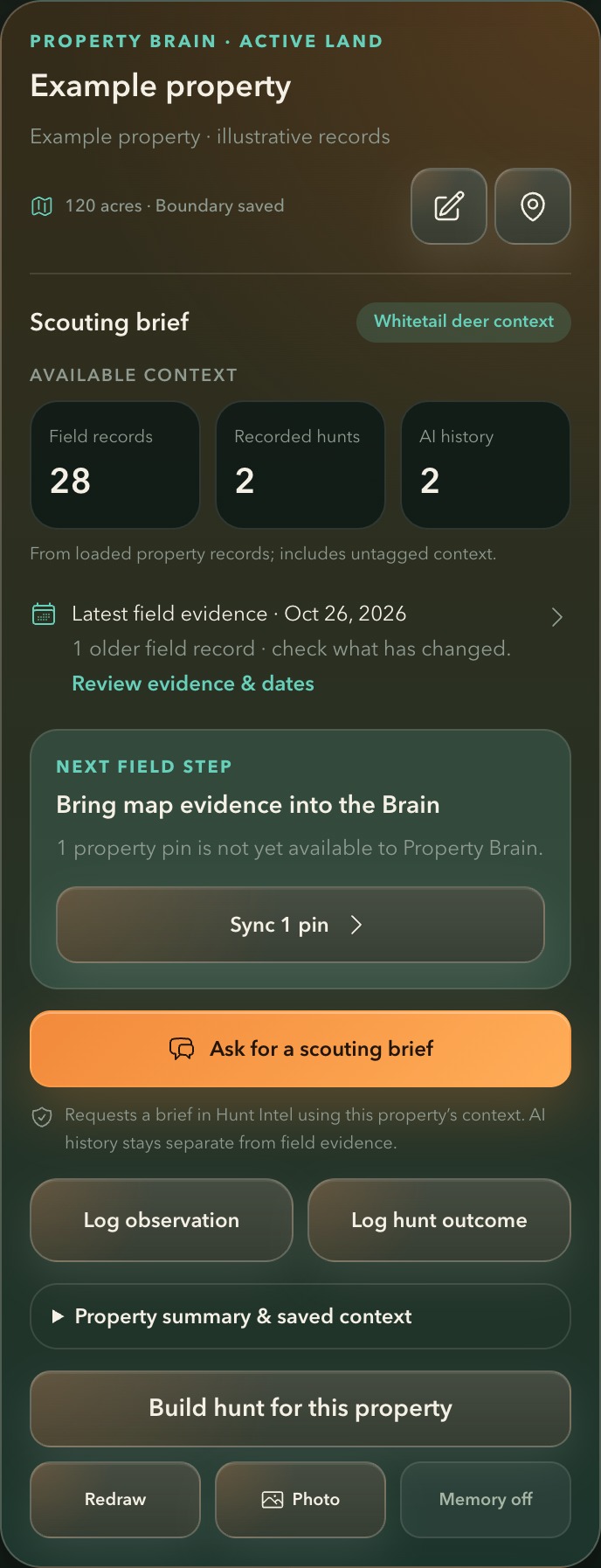 Property Brain in the VENATRIQ app, showing an illustrative property's scouting brief and next field step
