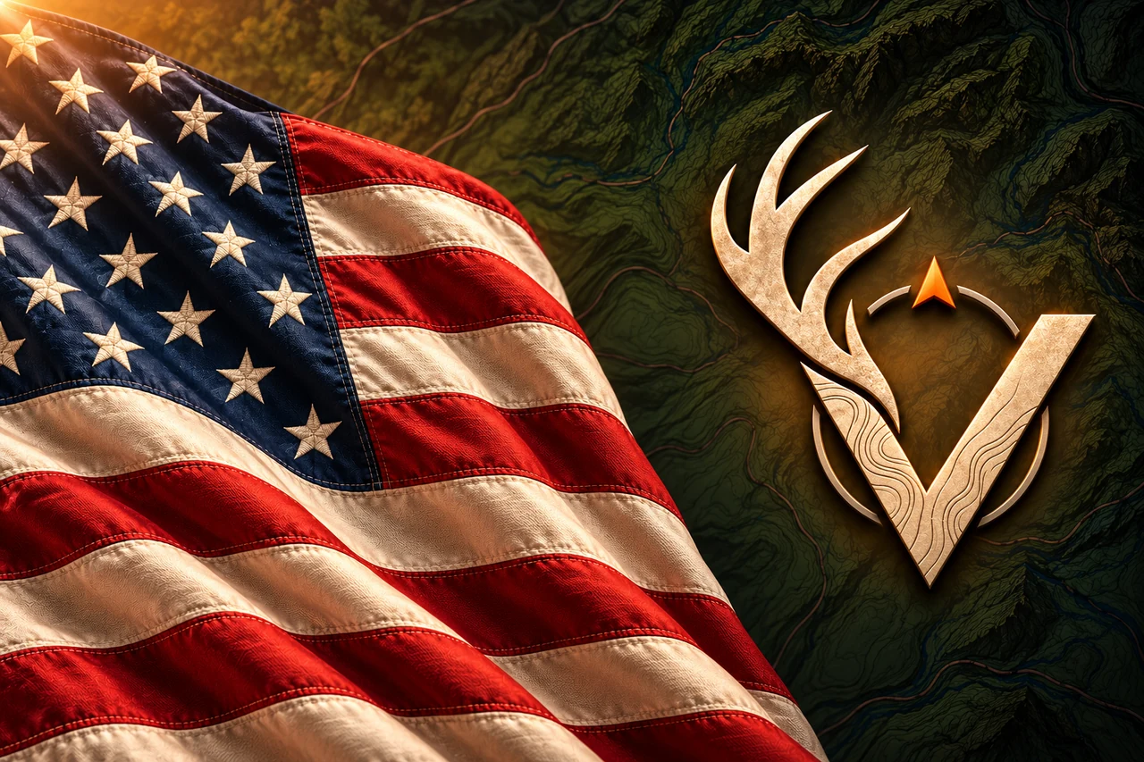 American flag beside the separate VENATRIQ antler and compass emblem